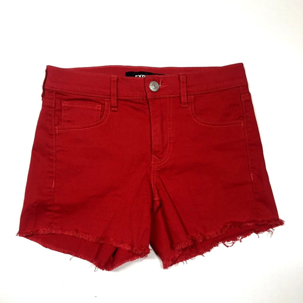 Express Red Denim Shorts Mid Rise Raw Hem Stretch Women’s Plus Size 18